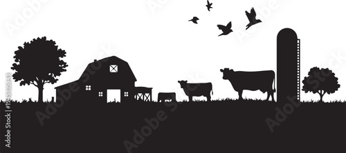 Black and white farm scene with barn silo cows and trees