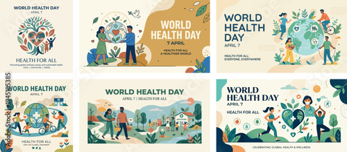 Vector set of World Health Day illustrations featuring diverse people exercising, trees, and globes. Healthy community composition. Poster and banner collection for global wellness