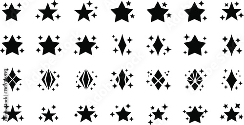 Sparkling star icons and glitter sparkle shapes collection isolated on light background, decorative shining stars set for festive design, magic effects, and celebration graphics