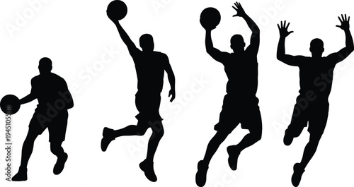 Silhouette basketball players dribbling jumping shooting dunking, sports action dynamic pose, athletic energy vector illustration artwork design