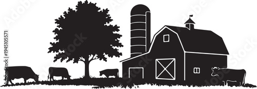 Black and white farm scene with barn silo tree and grazing cows