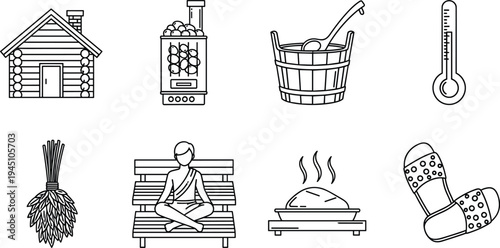 Traditional sauna bath icons set including wooden cabin, bucket, broom, thermometer, bench relaxation and hot steam stove isolated on light background line design