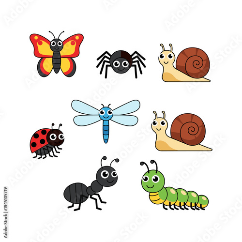 A group of cartoon insects and snails
