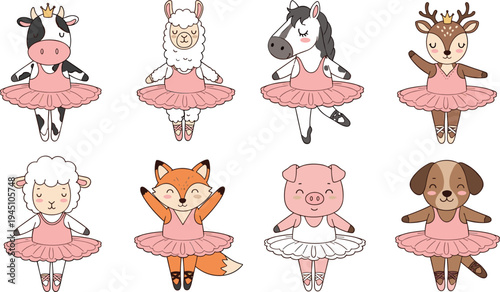Cute ballerina animals set with cow llama horse deer sheep fox pig and dog cartoon ballet dancers vector illustration