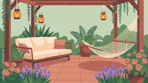Cozy outdoor patio with hammock sofa and lanterns in garden setting with flowers and green plants