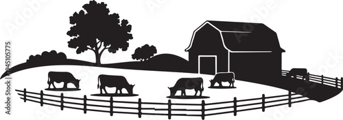 Black and white farm scene with cows grazing near a barn