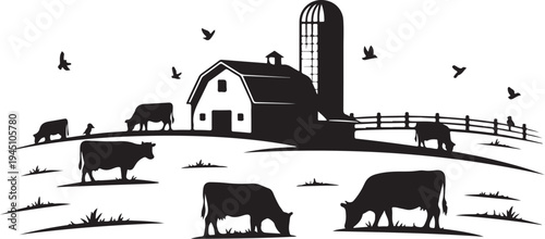 Black and white farm scene with cows grazing and barn