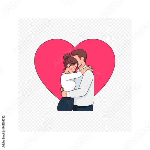 A couple embracing in front of a pink heart