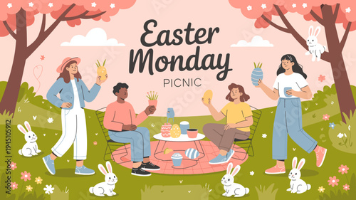 Friends enjoy easter monday picnic with bunnies under blooming cherry blossom trees in sunny park