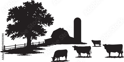 Black and white farm scene with cows grazing near barn and silo