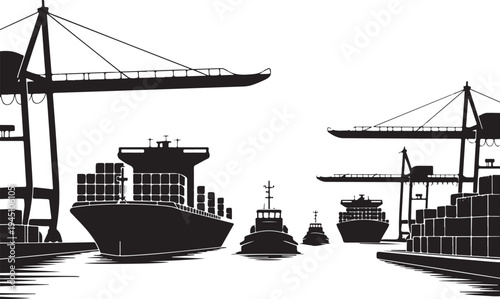 Black and white of cargo ships and cranes at port tugboat