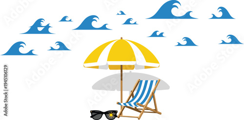 Beach summer scene with umbrella deck chair sunglasses and ocean waves vector illustration vacation seaside relaxation concept