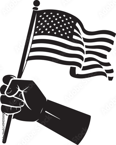 Black and white of hand holding american flag hand holding flag