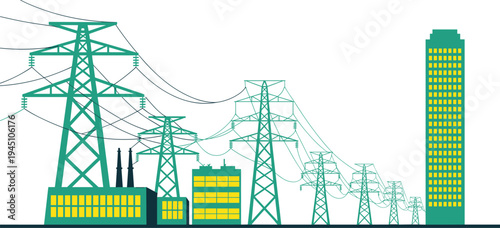 Silhouette electrical power transmission system, energy generation distribution infrastructure, urban electricity supply vector illustration artwork design
