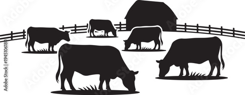 Black and white silhouette of cows grazing near a barn