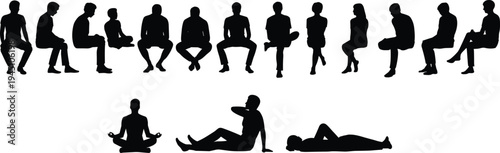 Collection Of Silhouettes Of People Sitting Standing And Lying Down On White Background vector illustration