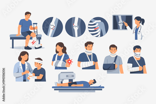 Medical Illustration of Bone Fracture Treatment and Diagnosis Featuring Patients with Casts, Slings, Neck Braces, Doctors Analyzing X-rays, and MRI Scanning for Orthopedic Injury Recovery Care
