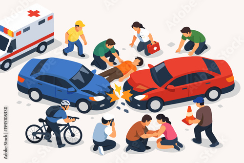 Isometric vector illustration of a car accident scene with two vehicles collided head-on, an ambulance arriving, and people providing first aid and emergency assistance to injured victims.