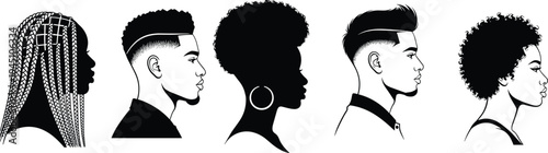 Black hairstyle profile silhouettes vector set, men and women afro braids fade haircut side view portrait collection