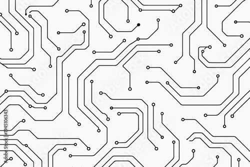 Seamless Black and White Electronic Circuit Board Background Pattern with Motherboard Lines and Microchip Traces. Flat Vector Illustration for Technology, Digital Hardware, and Engineering Design.