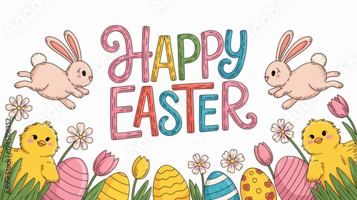 Colorful easter celebration with bunnies chicks eggs and flowers on white background