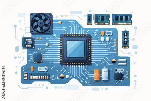 Simple Flat Vector Illustration of a Computer Motherboard with CPU Processor, RAM Modules, Cooling Fan, and Electronic Components on a Blue Circuit Board Background for Technology and Hardware