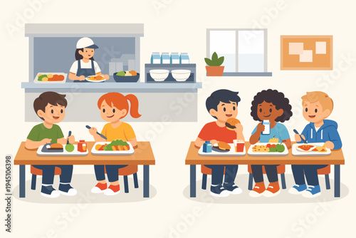 Diverse Group of Happy Students Having Healthy Lunch in a School Cafeteria with a Cafeteria Worker Serving Food, Flat Vector Illustration of Children Eating Together at Tables in Canteen.