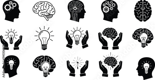 Brain and idea concept icon set vector illustration, human mind creativity intelligence innovation symbols collection
