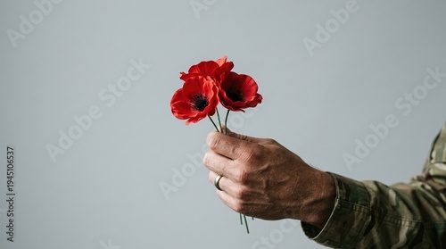Anzac Day, Remembrance Day, Poppy, Soldier, Military, Veteran, Honor. A hand in camouflage uniform holding red poppies against a gray background for memorial tribute.