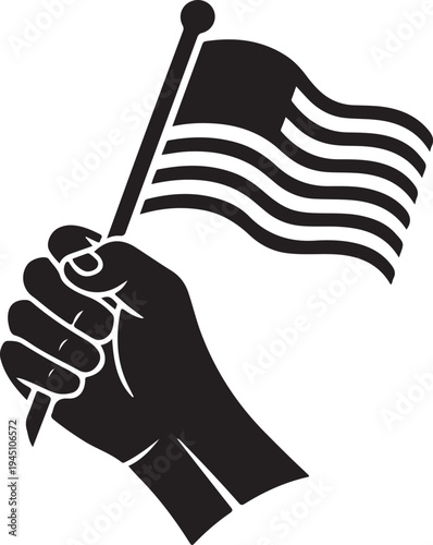 Black hand holding flag with wavy stripes white