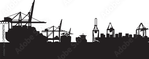 Black silhouette cargo ship cranes containers port