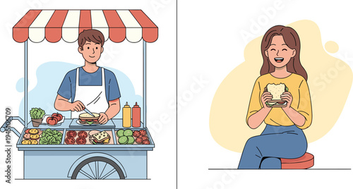 Street food vendor preparing fresh sandwich at market stall and customer enjoying burger fast food concept flat vector illustration for urban food lifestyle