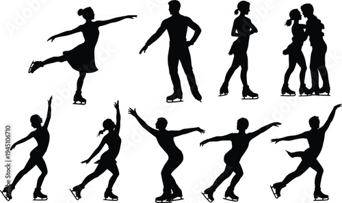 Silhouette figure skaters dynamic poses, ice skating performance, elegant movement artistry, sport athletic dance vector illustration artwork design
