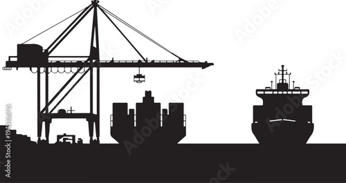 Black silhouette cargo ship container port with crane