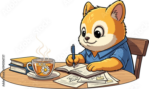 Adorable puppy character writing in a journal with chamomile tea
