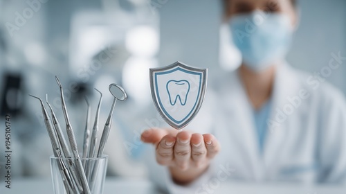 Dentist offering a shield with a tooth on it for dental protection
