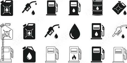 Collection of various fuel and liquid dispensing icons and symbols