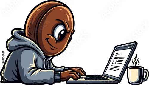 Animated coffee bean character in a hoodie typing on a laptop