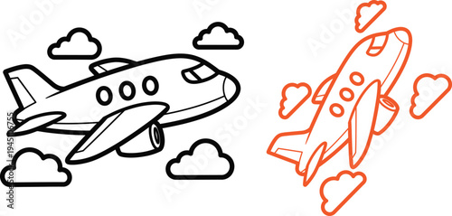 Airplane and rocket ship illustration with clouds and hearts