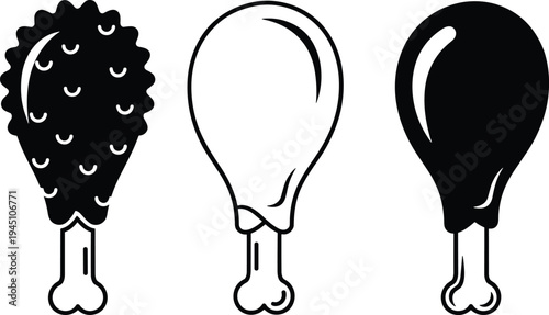Chicken drumstick icon set vector illustration, fried chicken leg food silhouette and outline collection isolated fast food snack design
