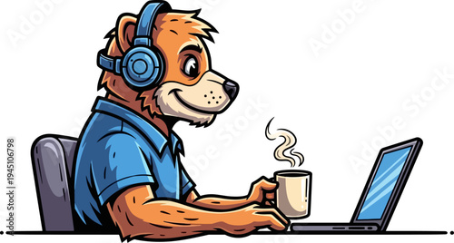 Bear character with headphones working on laptop