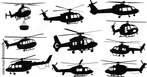 Silhouette helicopters different models, aviation aircraft transport rescue firefighting military utility, rotor design vector illustration artwork concept