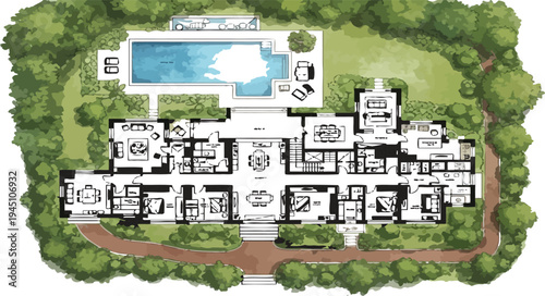 Aerial view of a large residential complex with swimming pool and lush landscaping