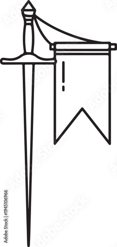 Medieval sword and knight banner flag line icon representing historical war equipment and heraldry symbols isolated on transparent background