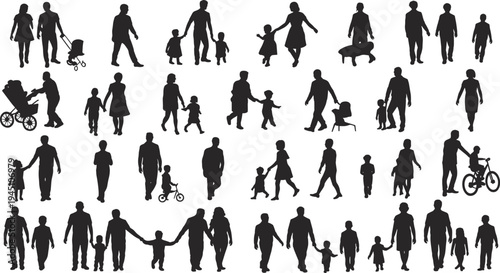 Diverse Family Silhouettes Walking Strolling and Pushing Strollers Keywords: family, silhouette, people, walking, stroller