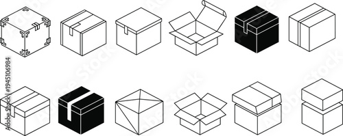 Varied styles of open and closed cardboard boxes with different designs and structures