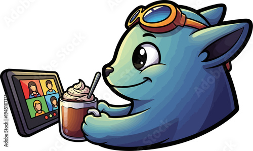 Cartoon monster with goggles attending video conference on tablet