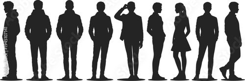 Diverse group of male and female silhouettes standing in a line on white background Keywords: silhouette, people, standing
