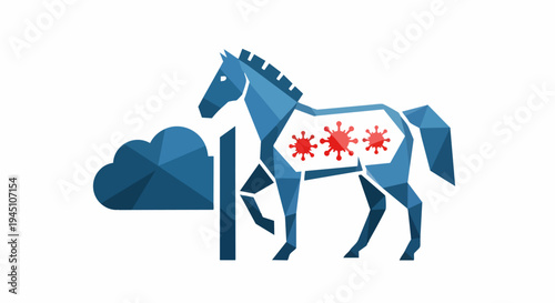Cyber Security Threat Illustration: Digital Trojan Horse and Cloud Protection