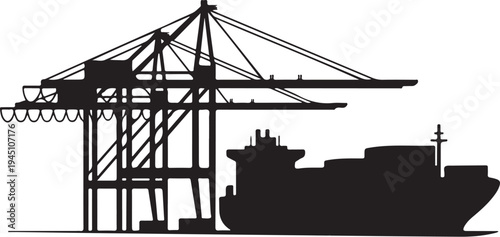 Black silhouette cargo ship under construction crane